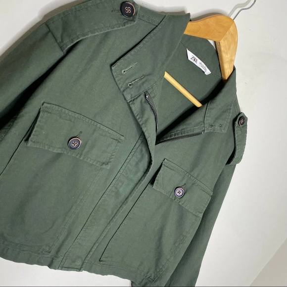 Zara Green Cropped Army Military Jacket With Pockets Size XS - Picture 3 of 10